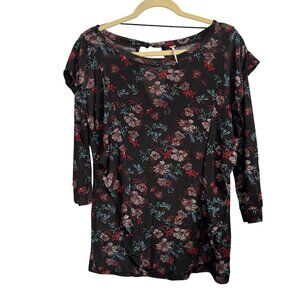 Free People Black Floral Print Tunic Top With Long Sleeves & Scoop Neckline Sz L